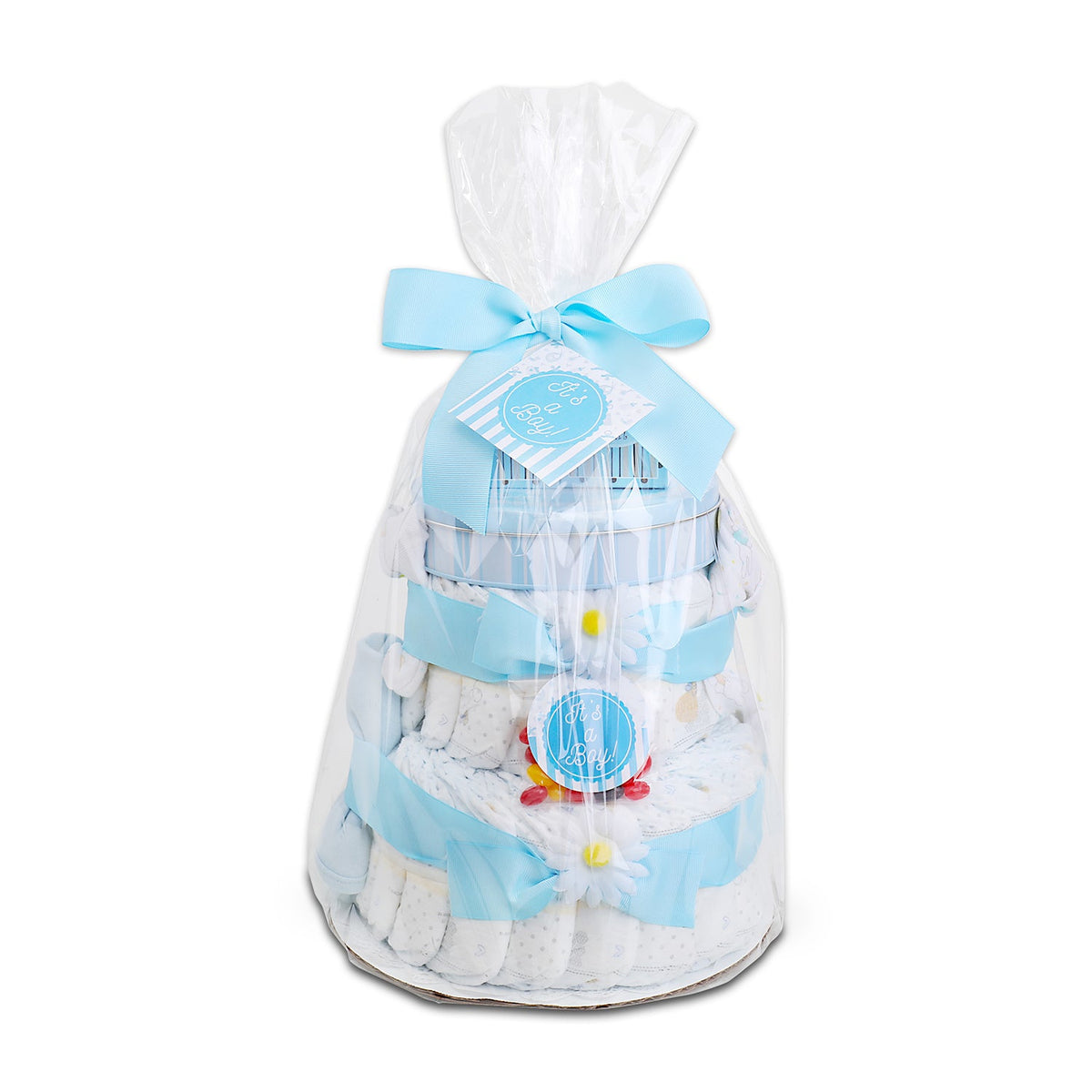 Blue two-tier diaper cake wrapped in clear bag with large blue bow