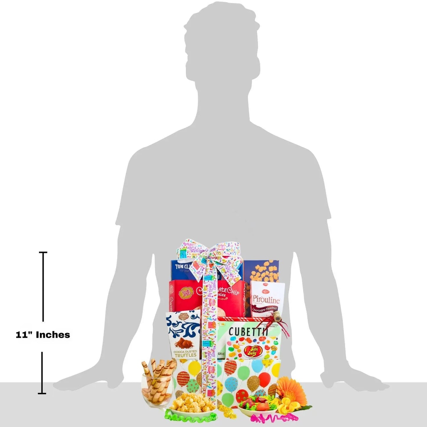 Birthday gift tote, 11 in tall; silhouette view with assorted sweets and ribbon