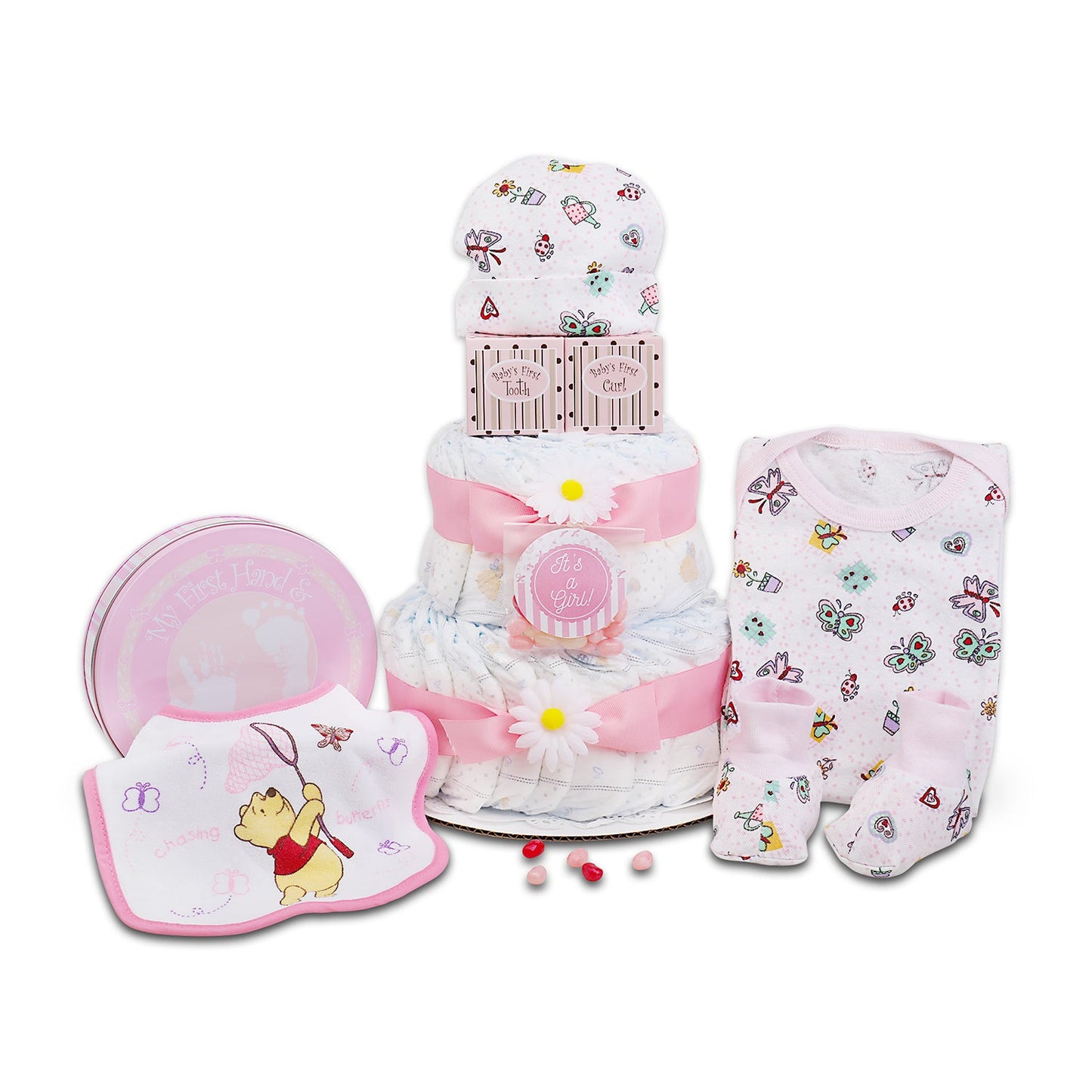 Pink diaper cake gift basket with onesie, pants, and bib featuring cartoon baby animals