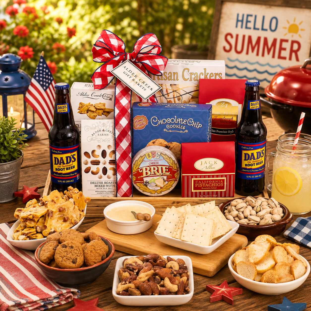 Wooden charcuterie cutting board with crackers, cheese, cookies, and snack bowls