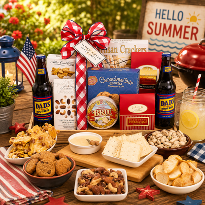 Wooden charcuterie cutting board with crackers, cheese, cookies, and snack bowls