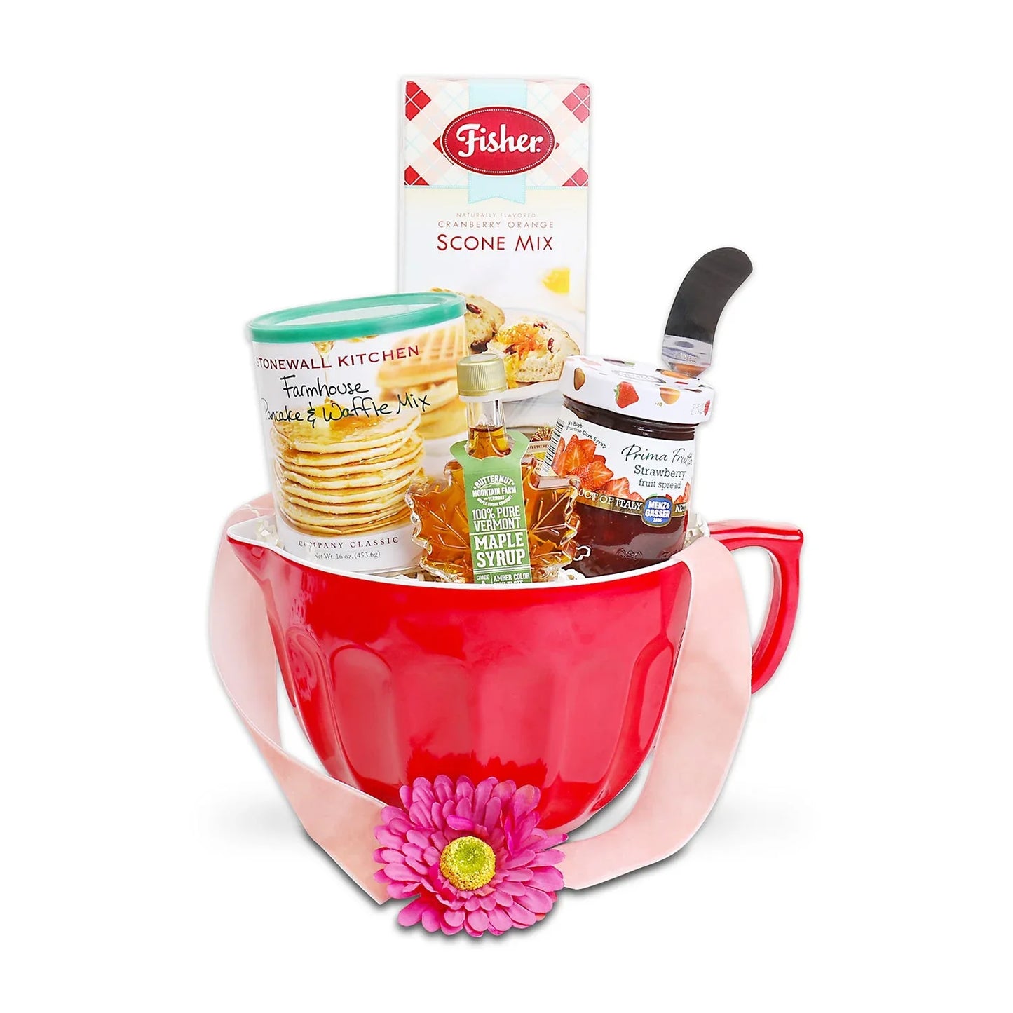 Red ceramic mug gift basket with baking mix, syrup bottle, and pink flower accent