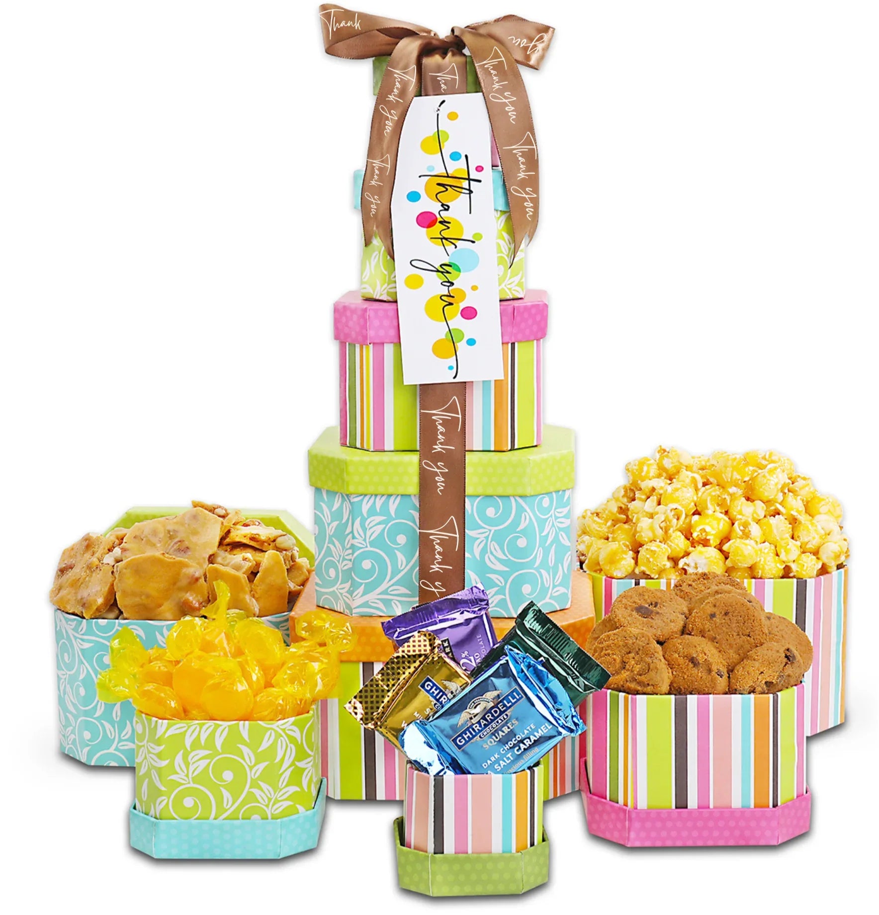Thank You Treats Gift Tower with striped treat boxes, cookies, and bow ribbon