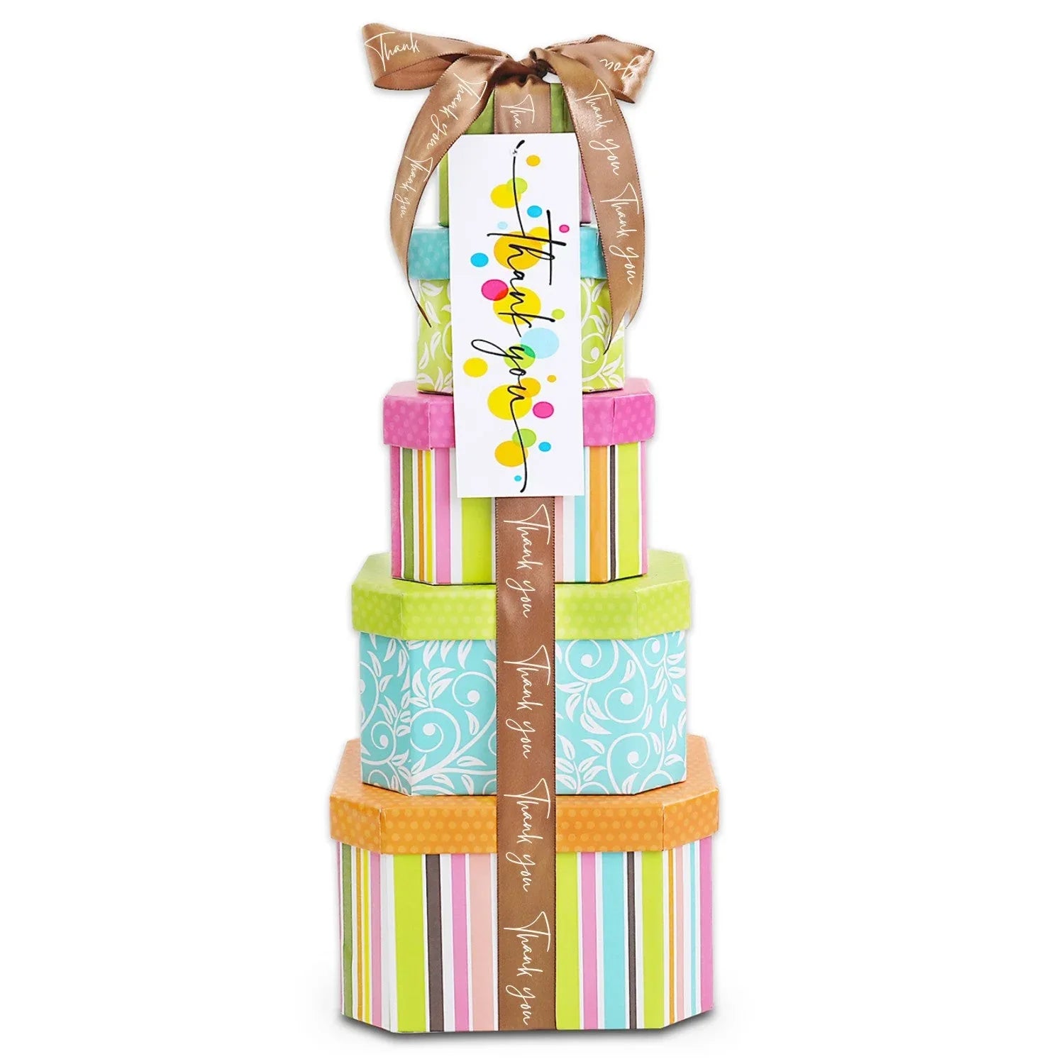 Thank You Treats Gift Tower tall stack with colorful striped boxes and Thank You tag