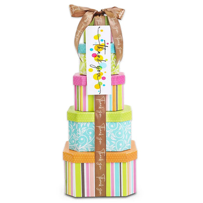 Thank You Treats Gift Tower tall stack with colorful striped boxes and Thank You tag