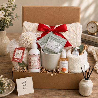 Gift box with red satin bow, bath set items and note card