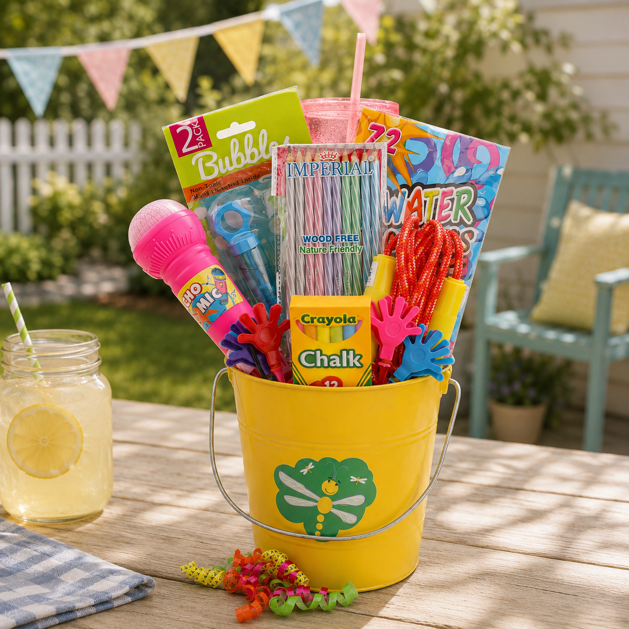 Yellow metal activity gift basket with colorful chalk, bubbles, and straws