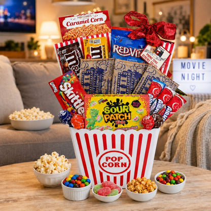 Movie night gift basket with red-and-white popcorn tub and colorful candy snacks