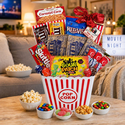 Movie night gift basket with red-and-white popcorn tub and colorful candy snacks