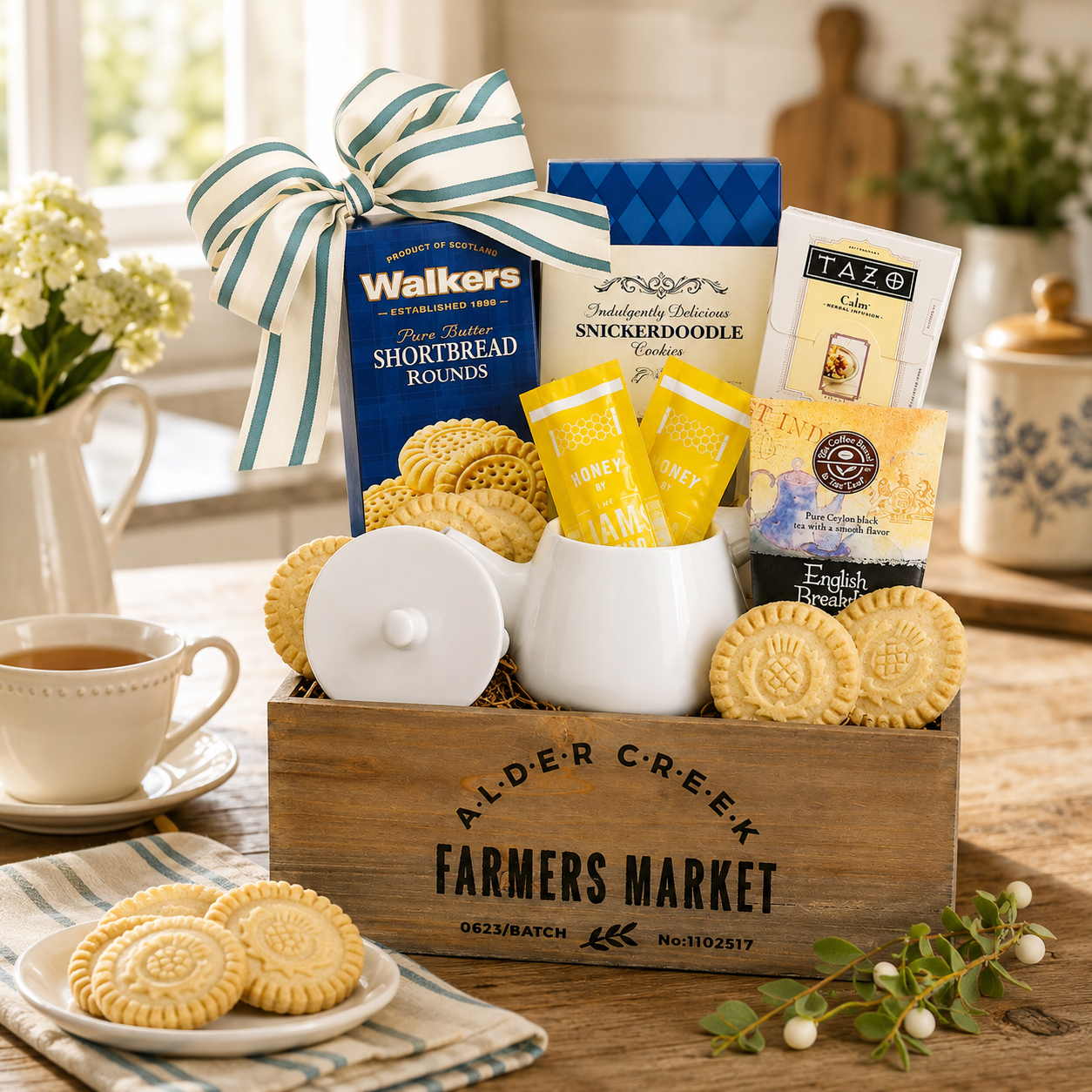 Gift basket tray with striped ribbon bow, tea packets and shortbread cookies in wooden crate