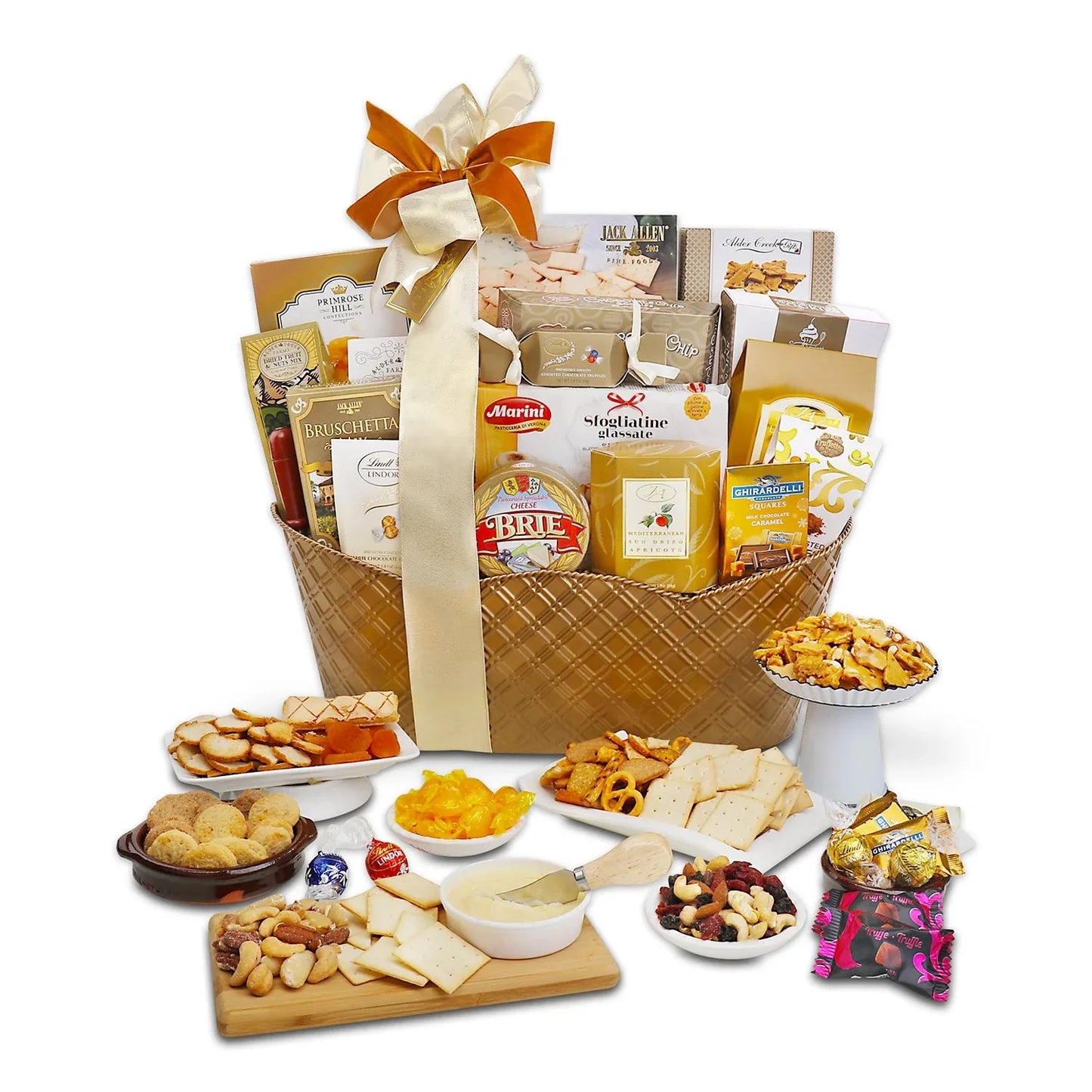 Corporate VIP Gift Basket with gold-and-brown ribbon, assorted cheeses and crackers