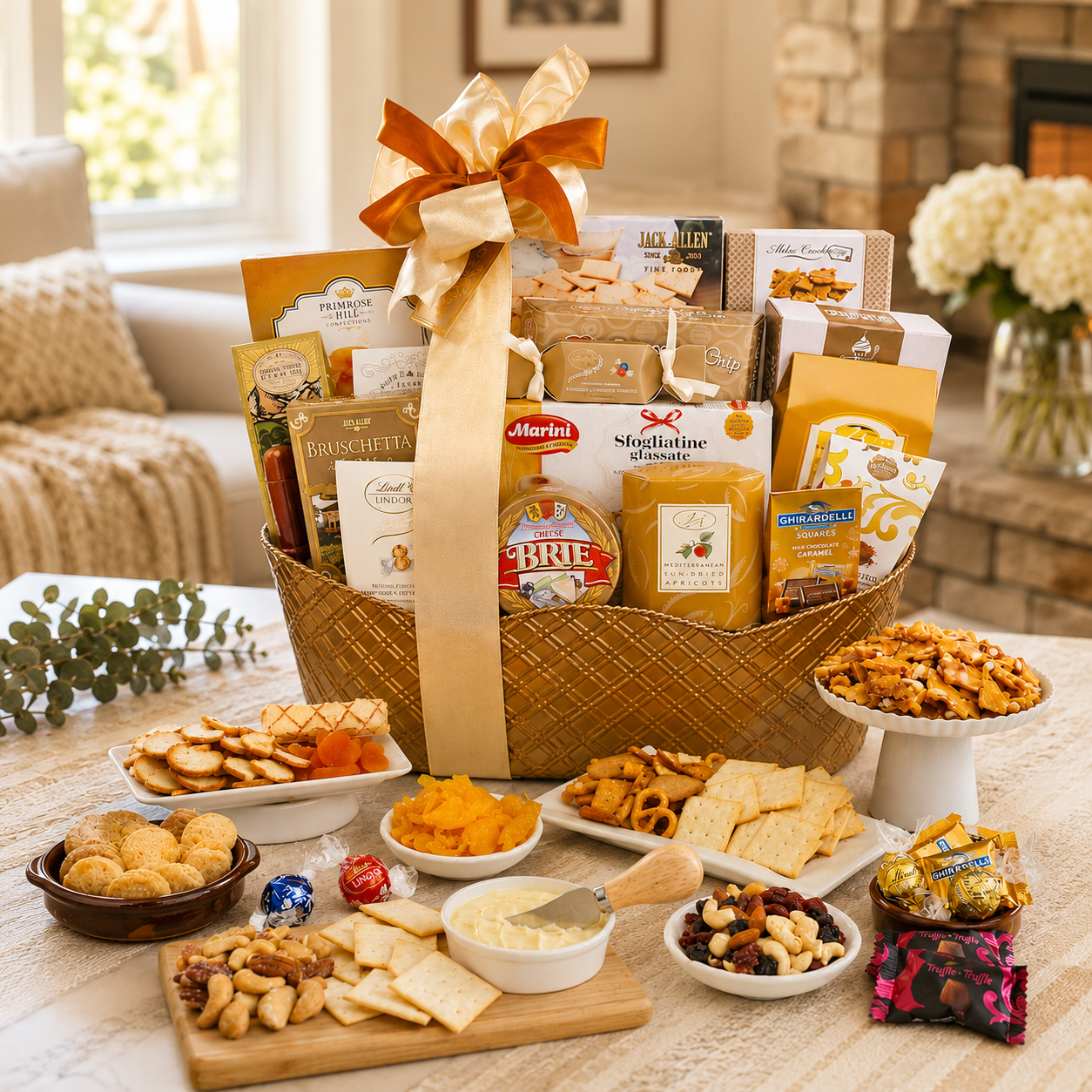 Wicker gift basket with gold ribbon bow, filled with sweet and savory snacks