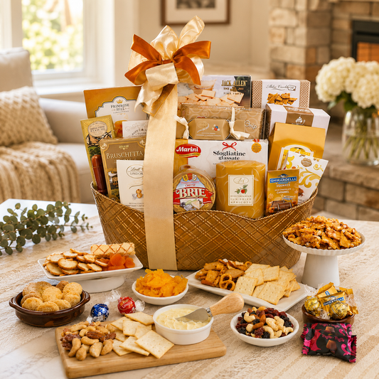 Wicker gift basket with gold ribbon bow, filled with sweet and savory snacks