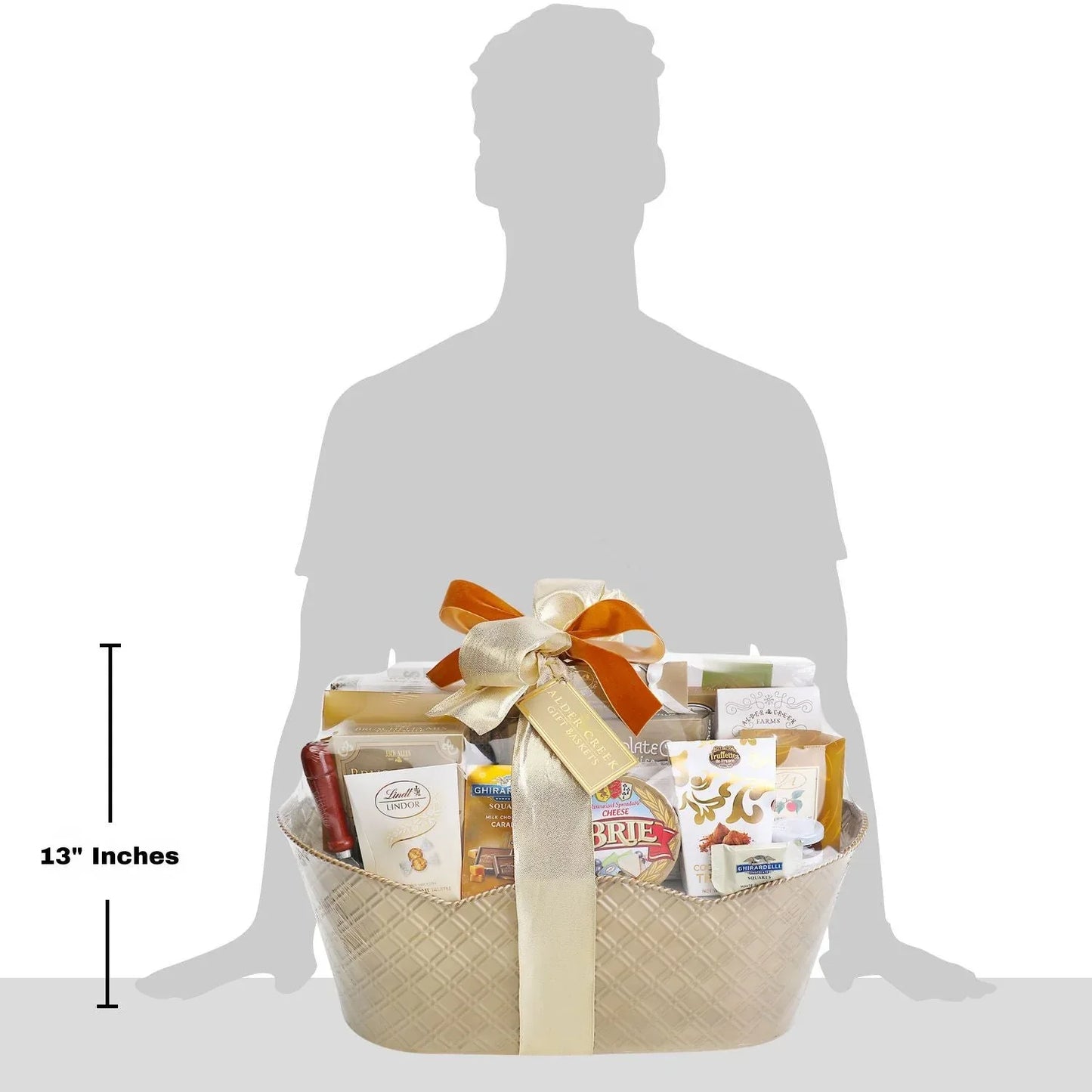 13-inch Corporate VIP Gift Basket, cream and brown ribbon with assorted gourmet snacks