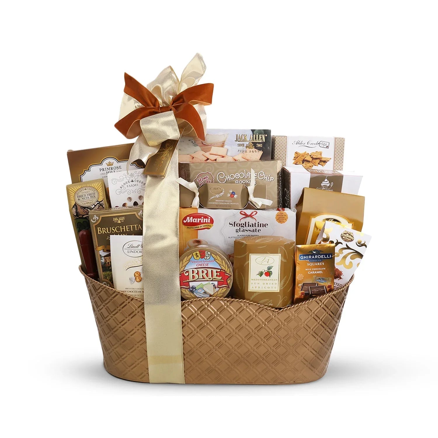 VIP gift basket with cream ribbon and wicker weave, wrapped chocolates and cheese