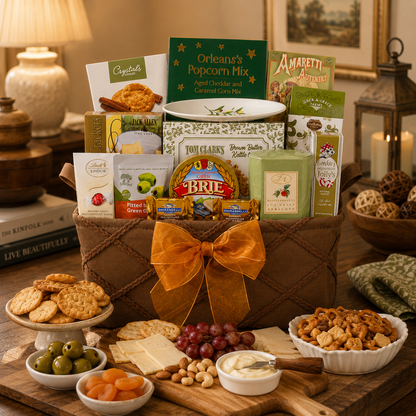 Savory gift basket with cheese, crackers, olives, grapes, and assorted gourmet snacks.