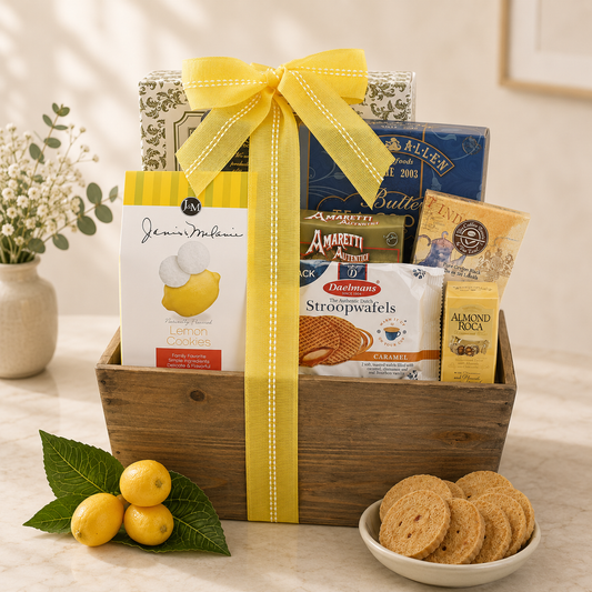 Wooden gift tote with yellow ribbon, lemon cookies and tea assortments inside