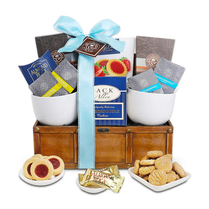 Signature coffee & tea gift basket with cookies, packets, and decorative ribbon bow