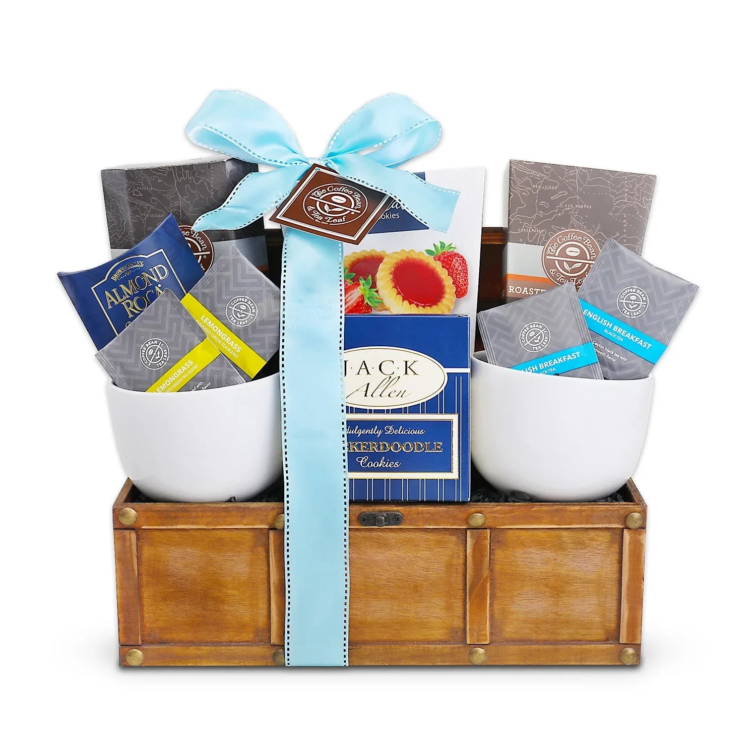 Coffee & tea gift basket with assorted cookie packets in white containers and wooden crate