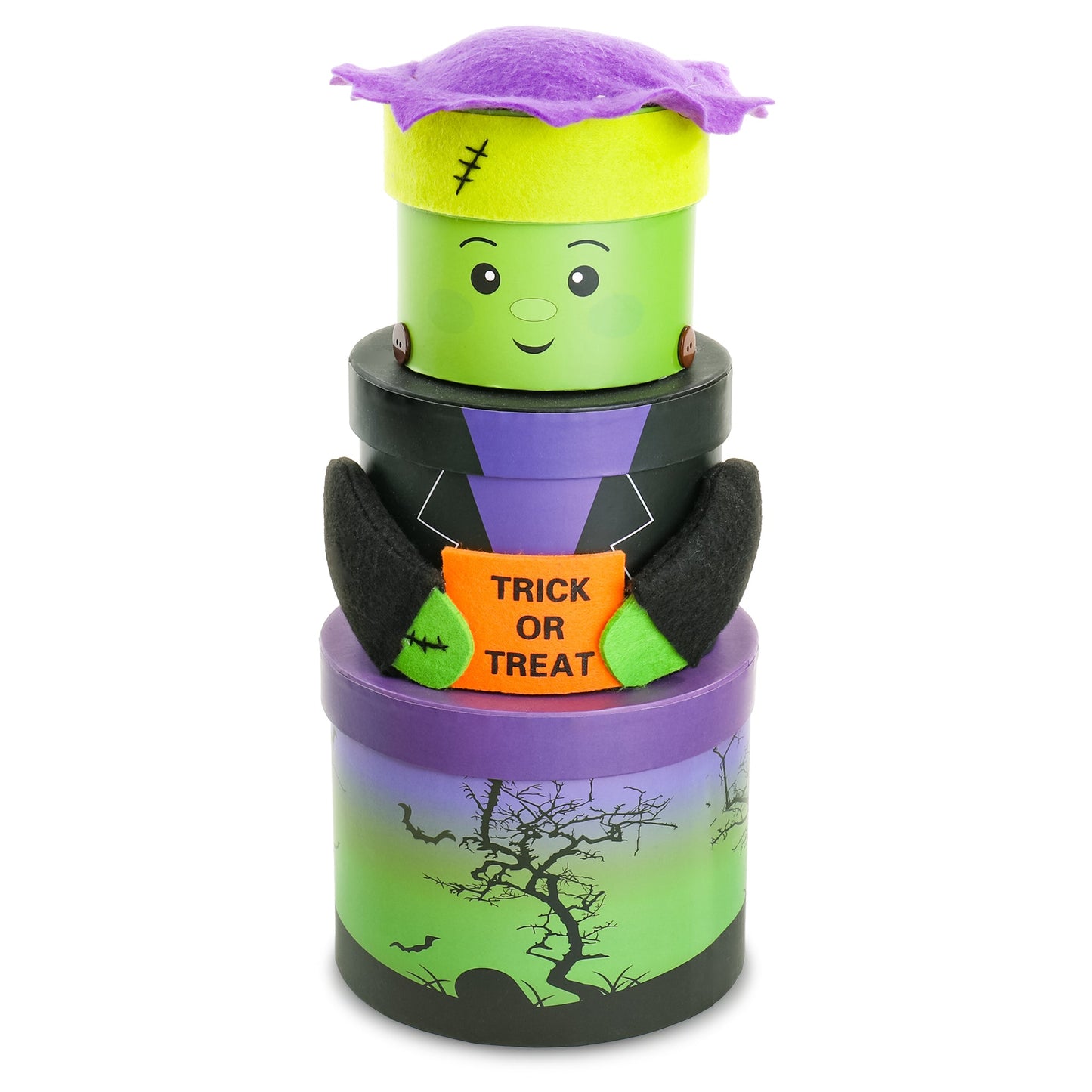 Tall Halloween treat tower with green monster head, trick-or-treat box