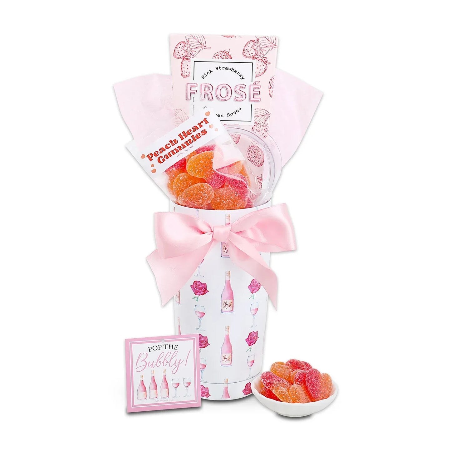 Pink Pop the Bubbly tumbler gift set with bow, frose pouch, and rose gummies