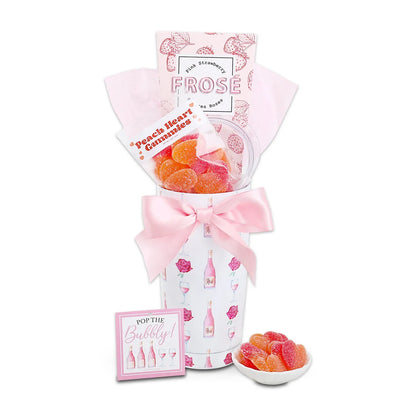 Pink Pop the Bubbly tumbler gift set with bow, frose pouch, and rose gummies