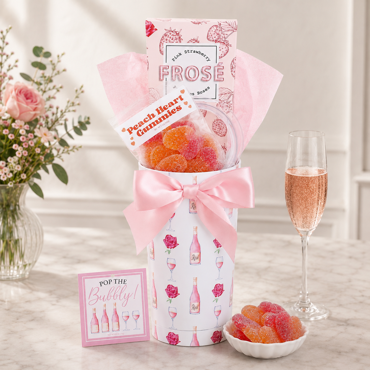 Pink FROSE tumbler with bow and gummy snack pouch gift set