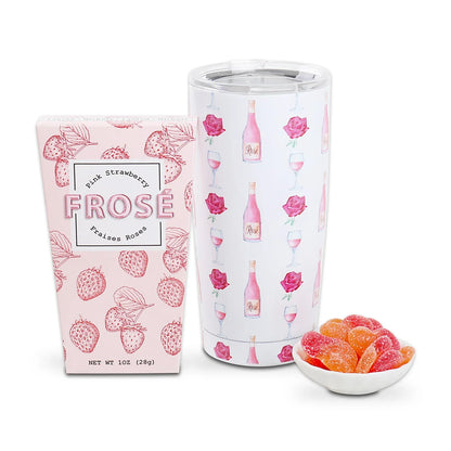 Rose-pattern tumbler with clear lid, frose pouch, and orange jelly candy bowl
