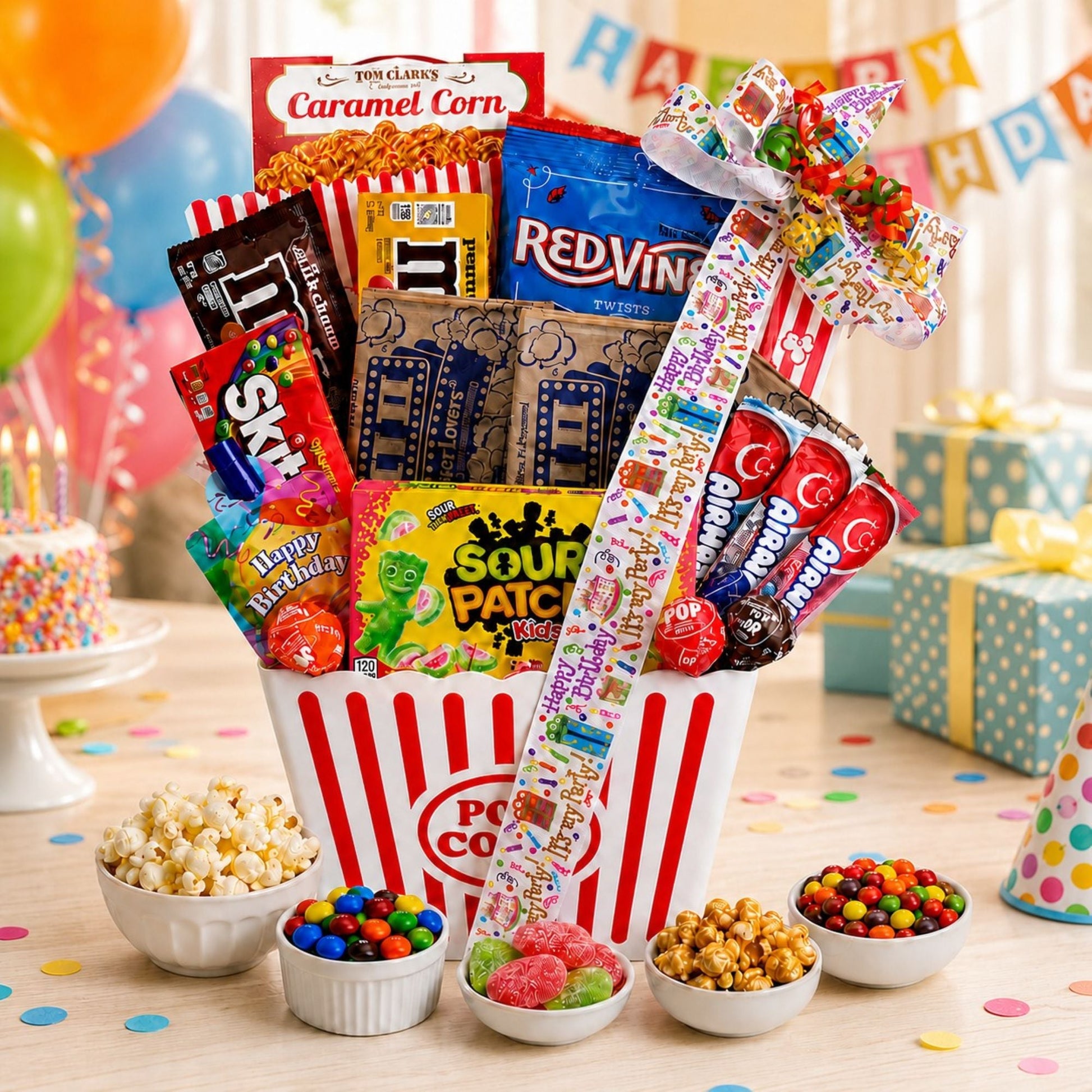 Movie night gift basket with striped popcorn container, candy assortments, and snack bowls