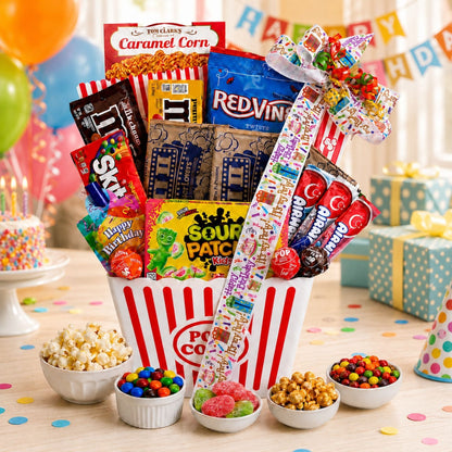 Movie night gift basket with striped popcorn container, candy assortments, and snack bowls