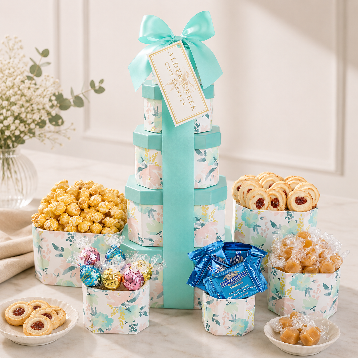 Summer treats gift tower with teal ribbon, floral boxes, assorted candies and pastries.