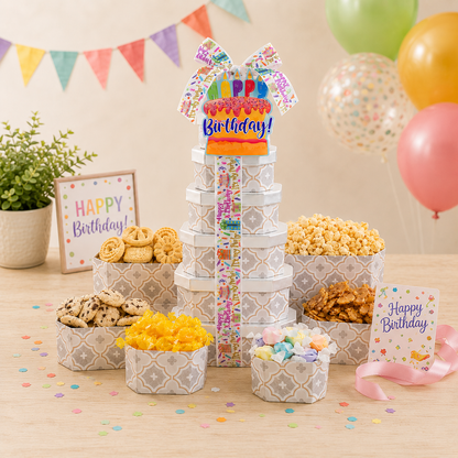 Birthday treat gift tower with stacked patterned boxes and colorful ribbon, Happy Birthday topper