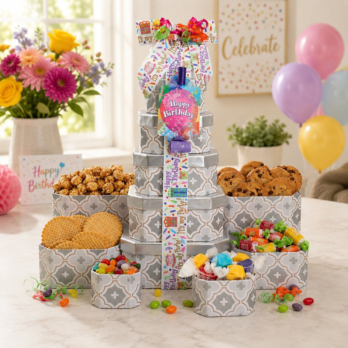 Birthday treat gift tower with gray patterned boxes, ribbon topper, cookies and candy