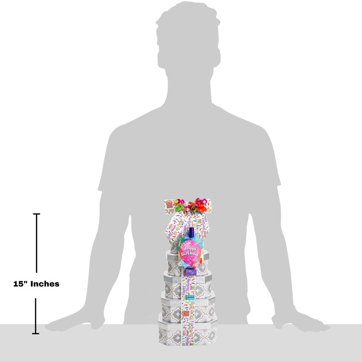 15-inch birthday treat gift tower silhouette, ribbon-topped stacked boxes