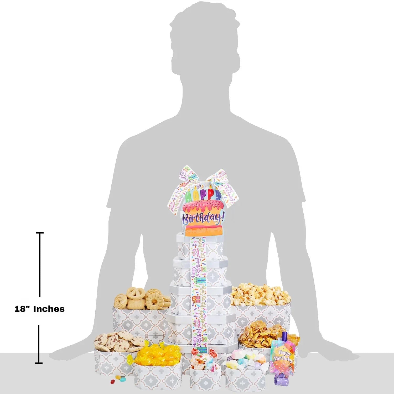 Happy Birthday treat tower gift for 18 inches tall, stacked boxes with bow topper