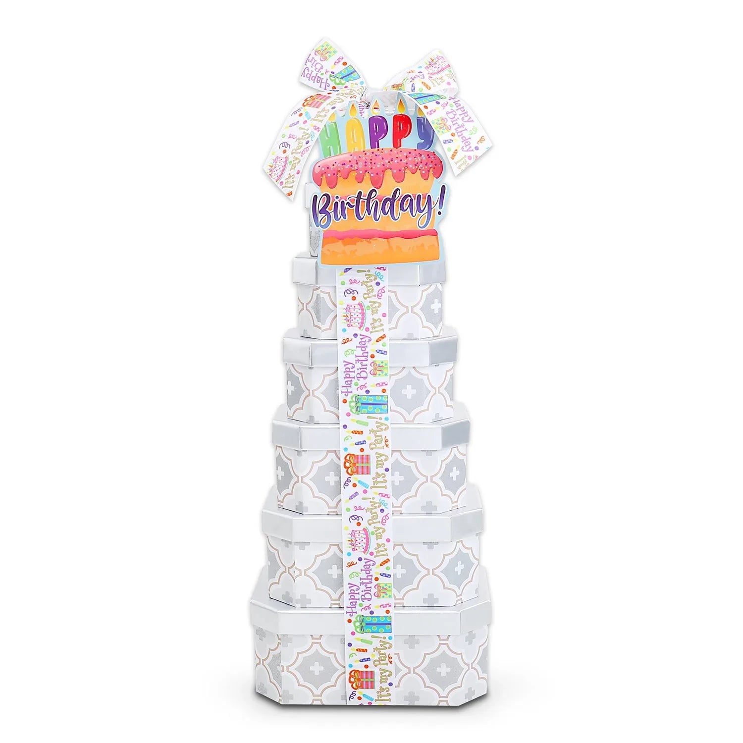 Happy Birthday treat tower, white stacked boxes with vertical confetti banner and bow