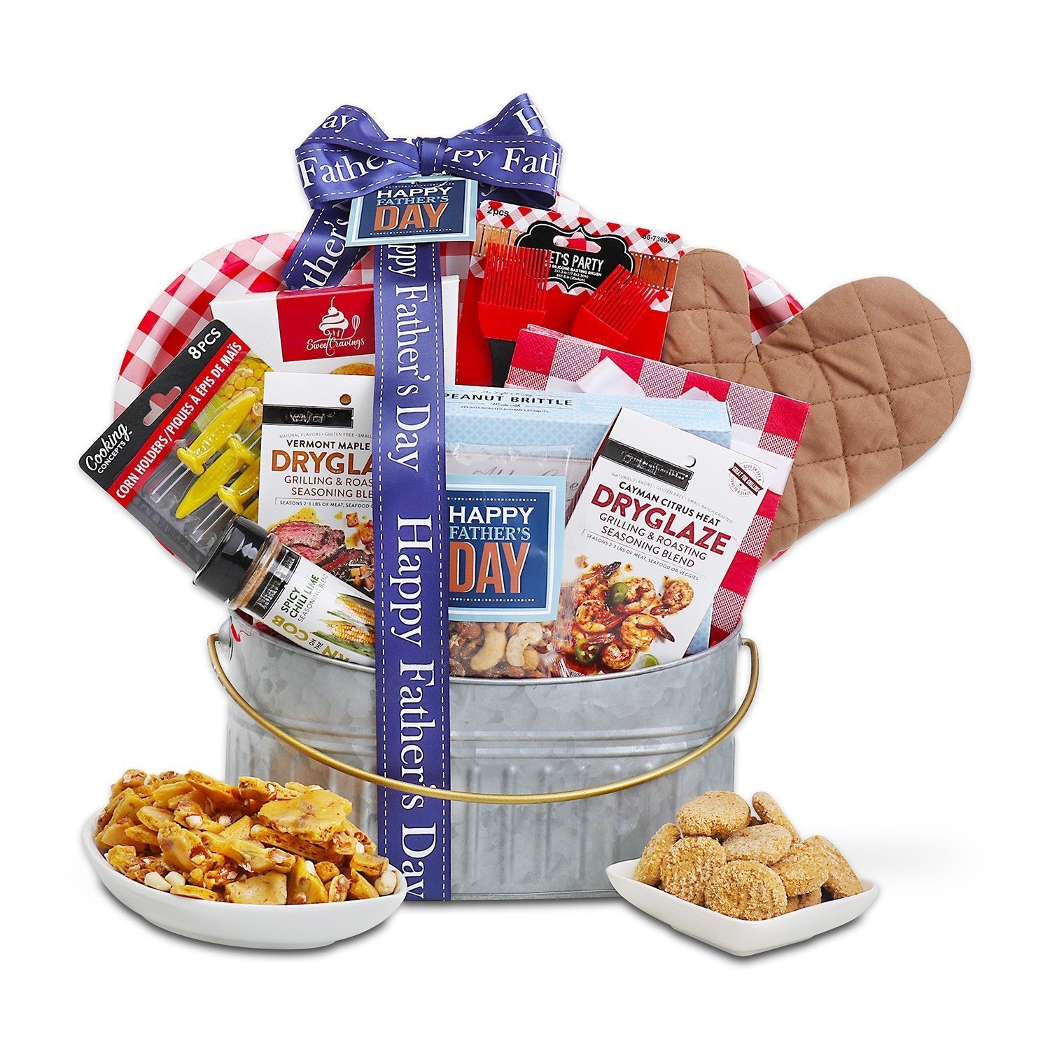Father's Day grill gift basket with red, white, and blue packages in a tin pail