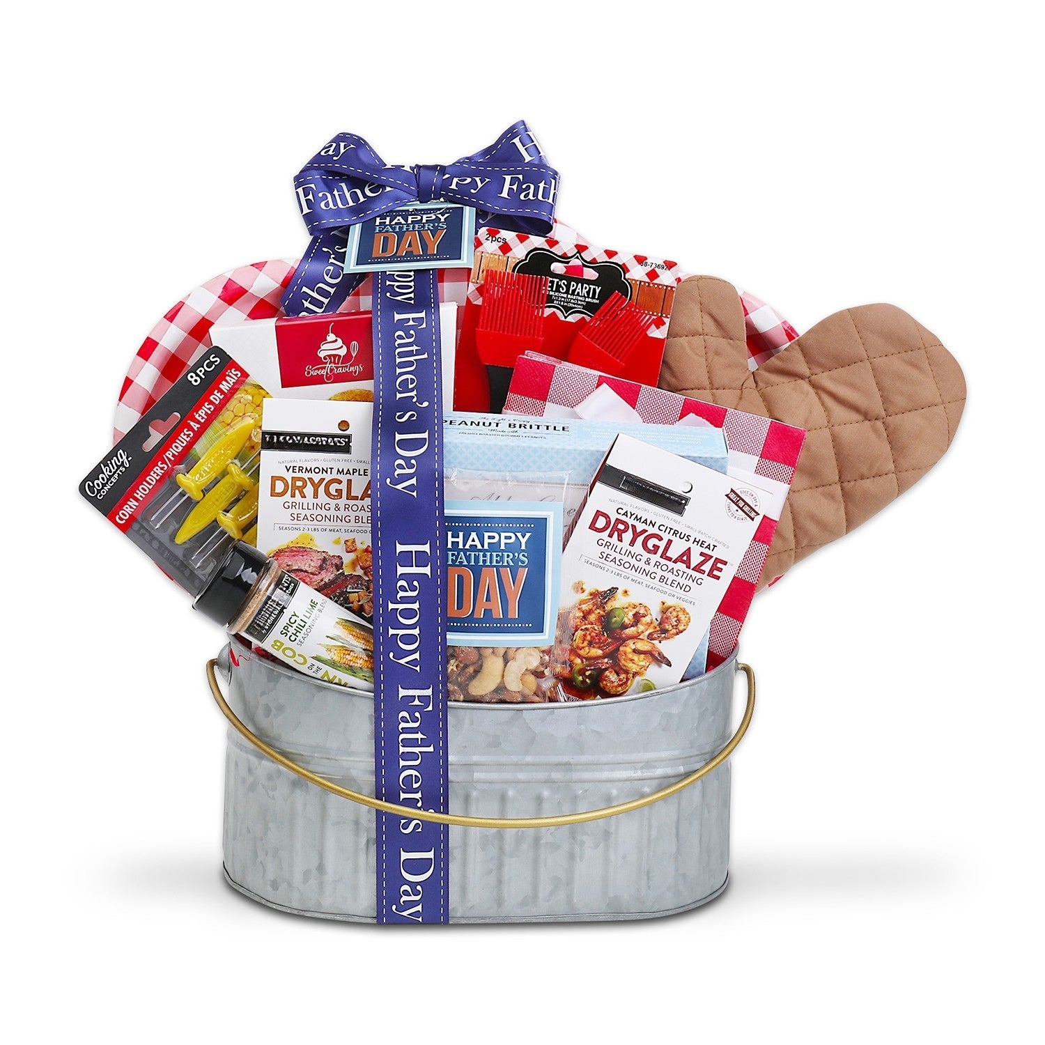 Father's Day grill gift basket with beige oven mitt and red, white, and blue packages