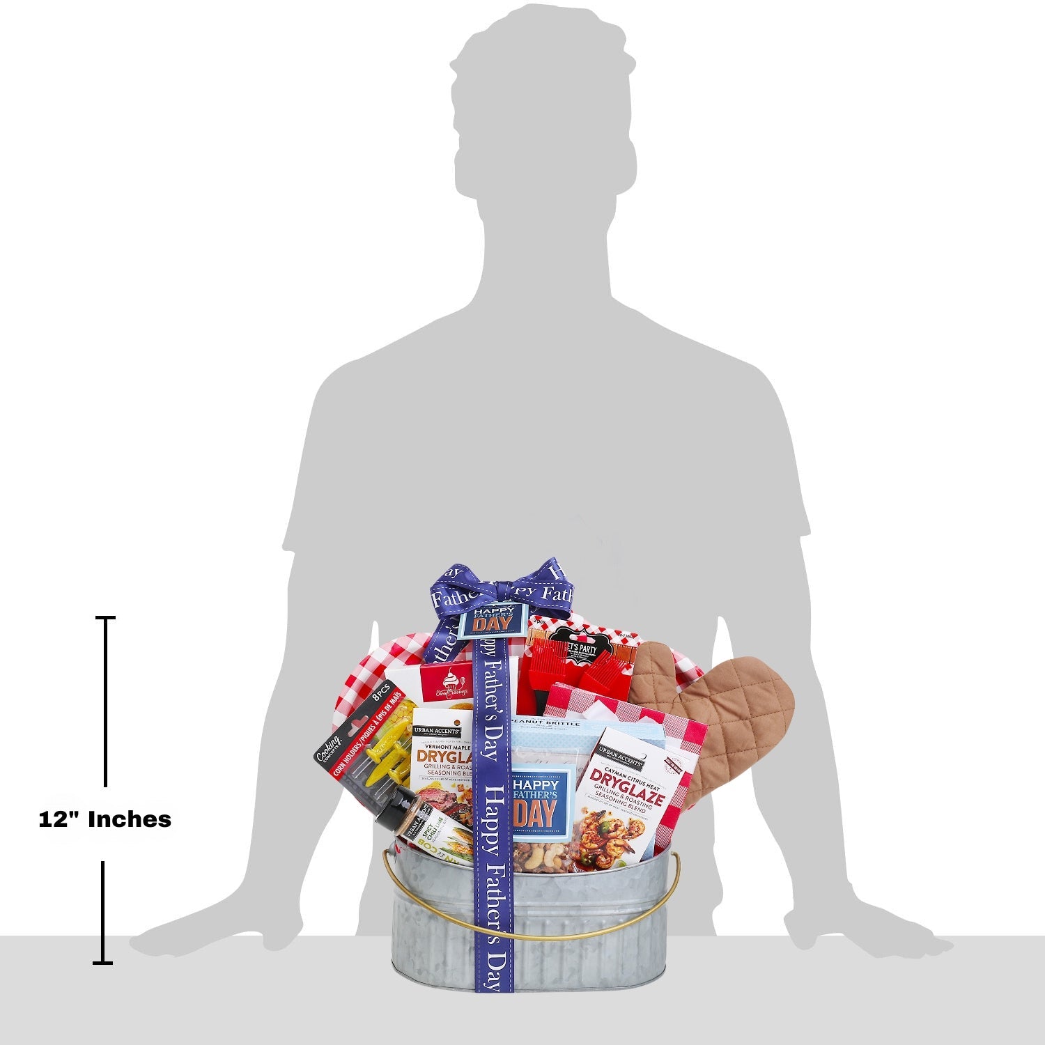 12-inch tall Father’s Day grill gift basket in a metal pail with wrapped food gifts