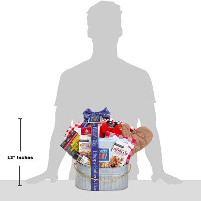 12-inch tall Father’s Day grill gift basket in a metal pail with wrapped food gifts