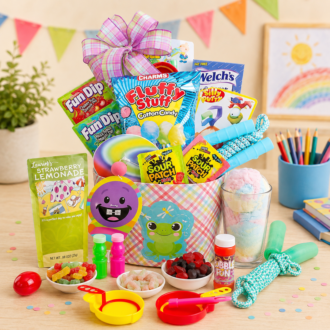 Assorted outdoor treat gift basket with plaid bow, candy packs, snack cups, dipping toys