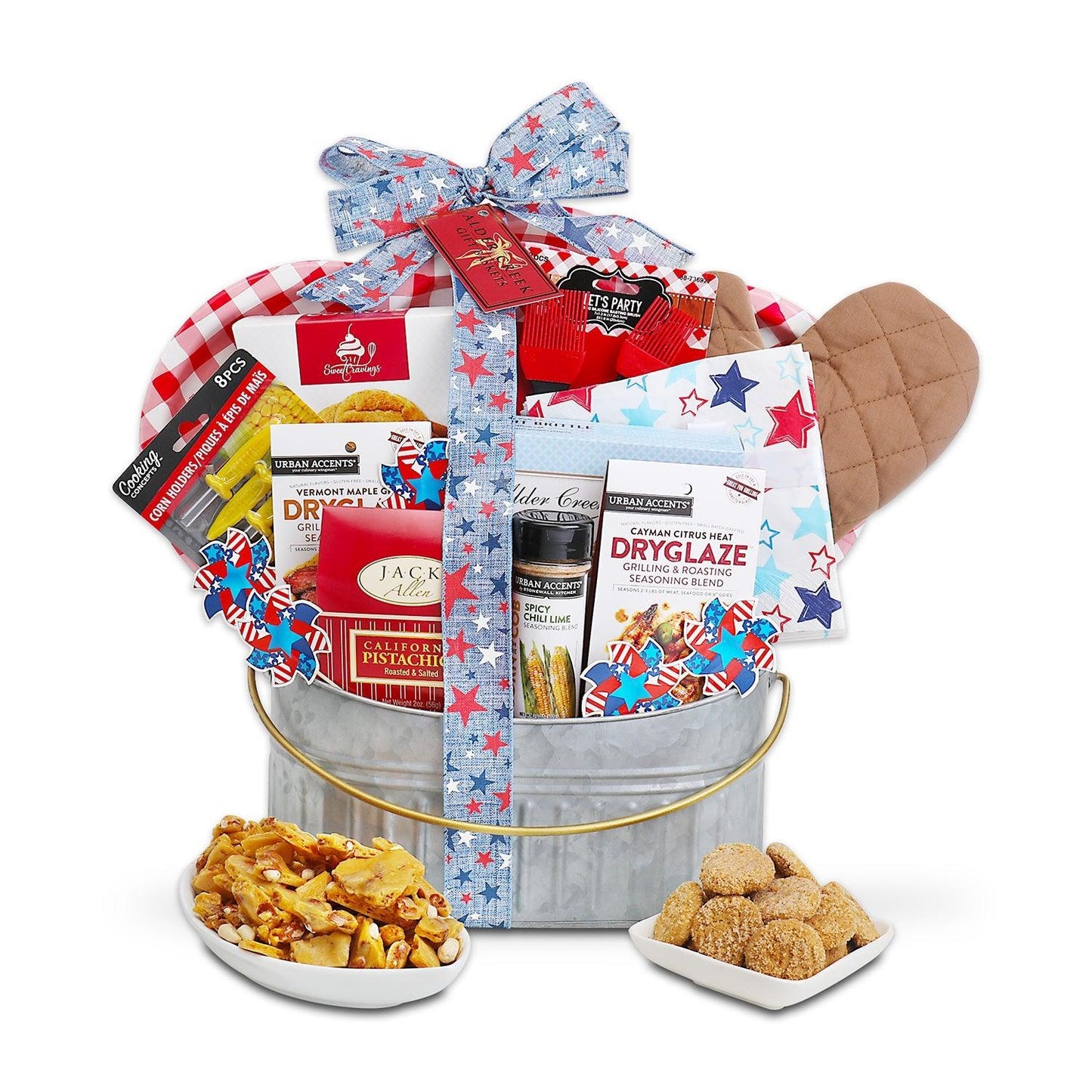 BBQ gift basket with red, white, and blue bow and seasoning packets in a metal pail