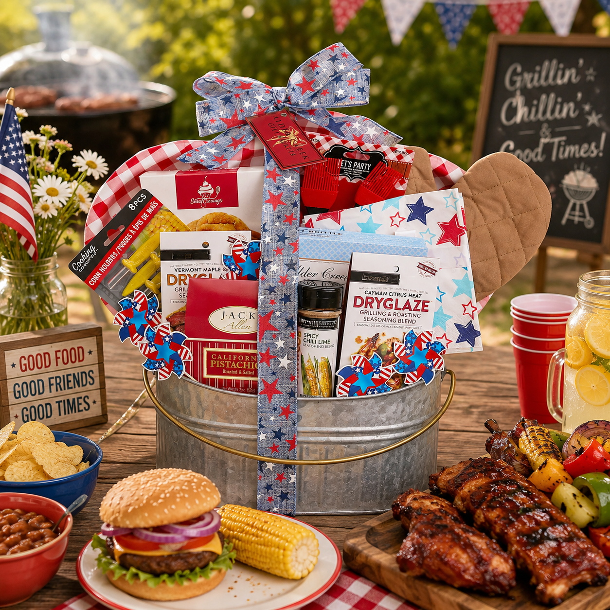 BBQ gift basket with metal bucket, blue-red star ribbon, and oven mitt with seasonings
