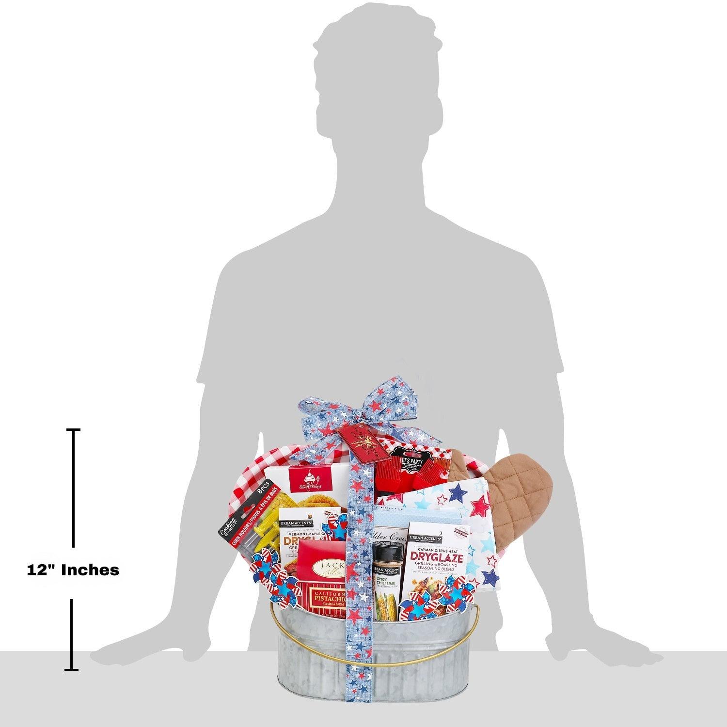 12-inch BBQ gift basket with patriotic bow and spice seasoning packets in metal pail