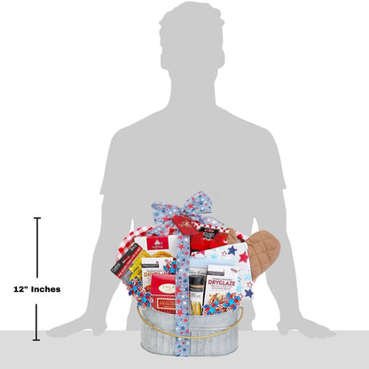 12-inch BBQ gift basket with patriotic bow and spice seasoning packets in metal pail