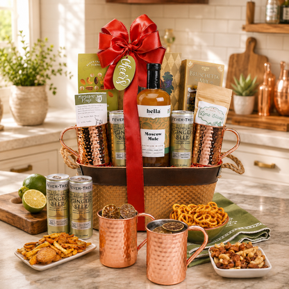 Ginger beer gift basket with copper mugs, bottles, red bow, and assorted snacks