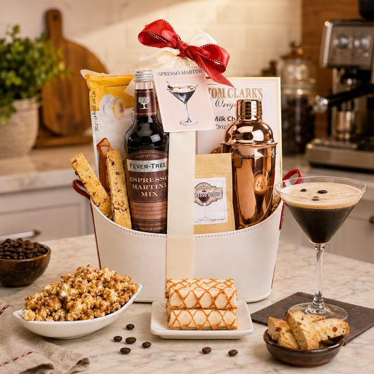 Espresso martini gift basket with bottle, chocolates, crackers, and martini glass add-on.