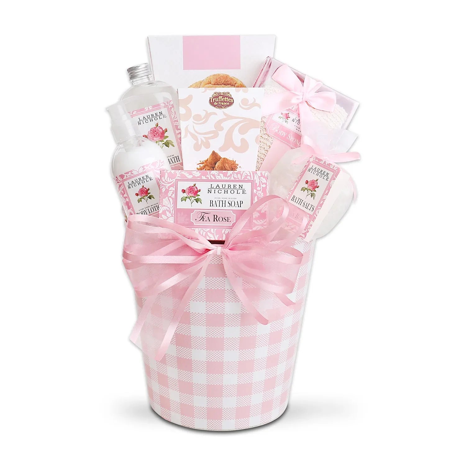 Rose spa gift basket with pink ribbon, bath soap bottles, and tea rose soap bars