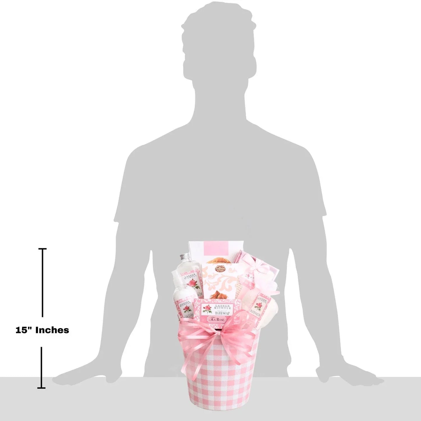 15 in tall rose spa gift basket with pink gingham and ribbon, held by person silhouette