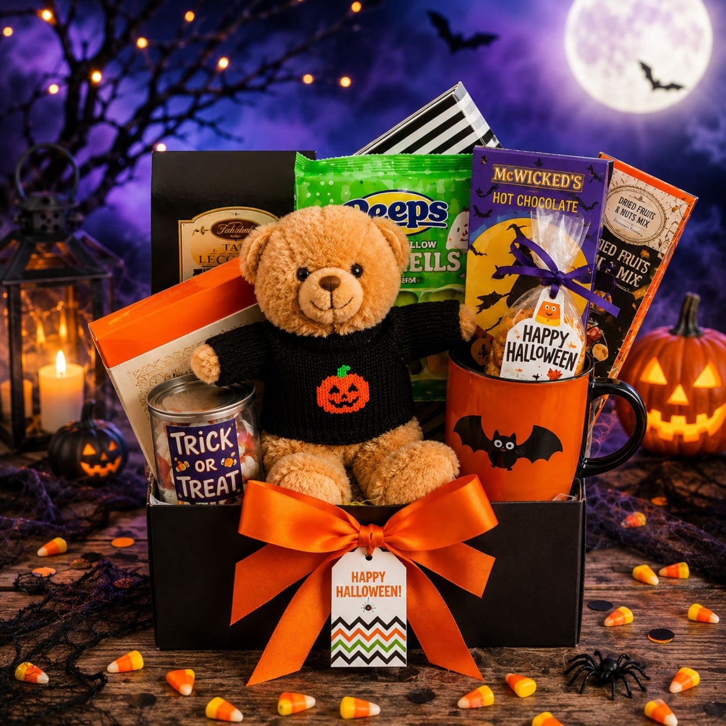 Halloween treats gift basket with plush bear, orange ribbon, and assorted candy bags